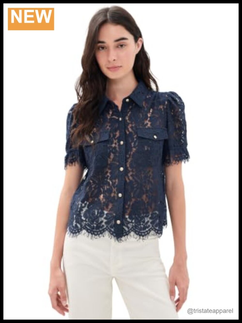 Women's Sheer Floral Lace Button-Down Blouse Short Sleeves